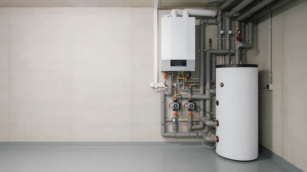 Heizungsraum mit wandhängendem Heizgerät, Warmwasserspeicher, gedämmten Leitungen und Pumpengruppen