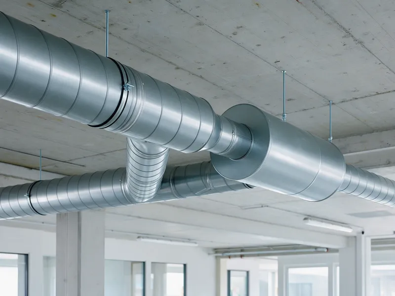 Runde Lüftungsrohre mit Abzweiger und Schalldämpfer an einer Betondecke