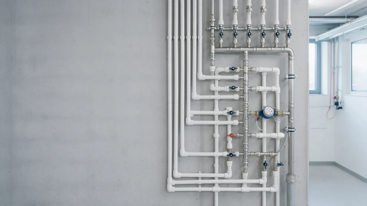 Technikraum mit Wasserverteilung: weisse Kunststoff- und Edelstahlleitungen, Absperrventile und Wasserzähler an einer Betonwand