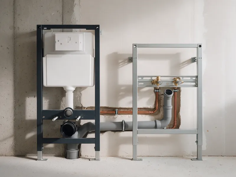 Vorwandinstallation mit Montageelementen für WC und Waschtisch, Leitungen angeschlossen, vor dem Beplanken